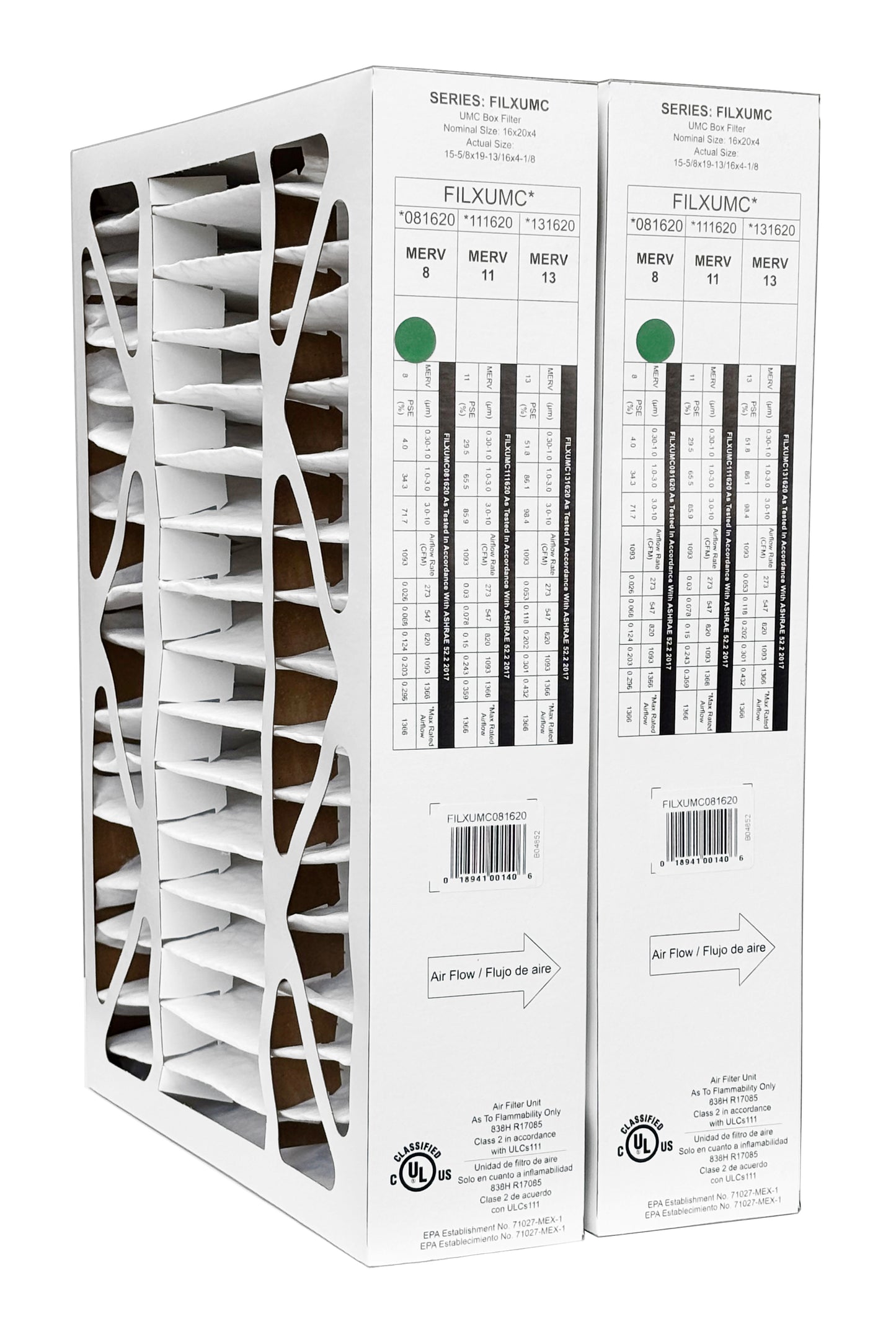 Carrier & Bryant FILXUMC081620 - 16" x 20" x 4" Pleated Air Filter, MERV 8 replaces old part # FILXXFNC0017