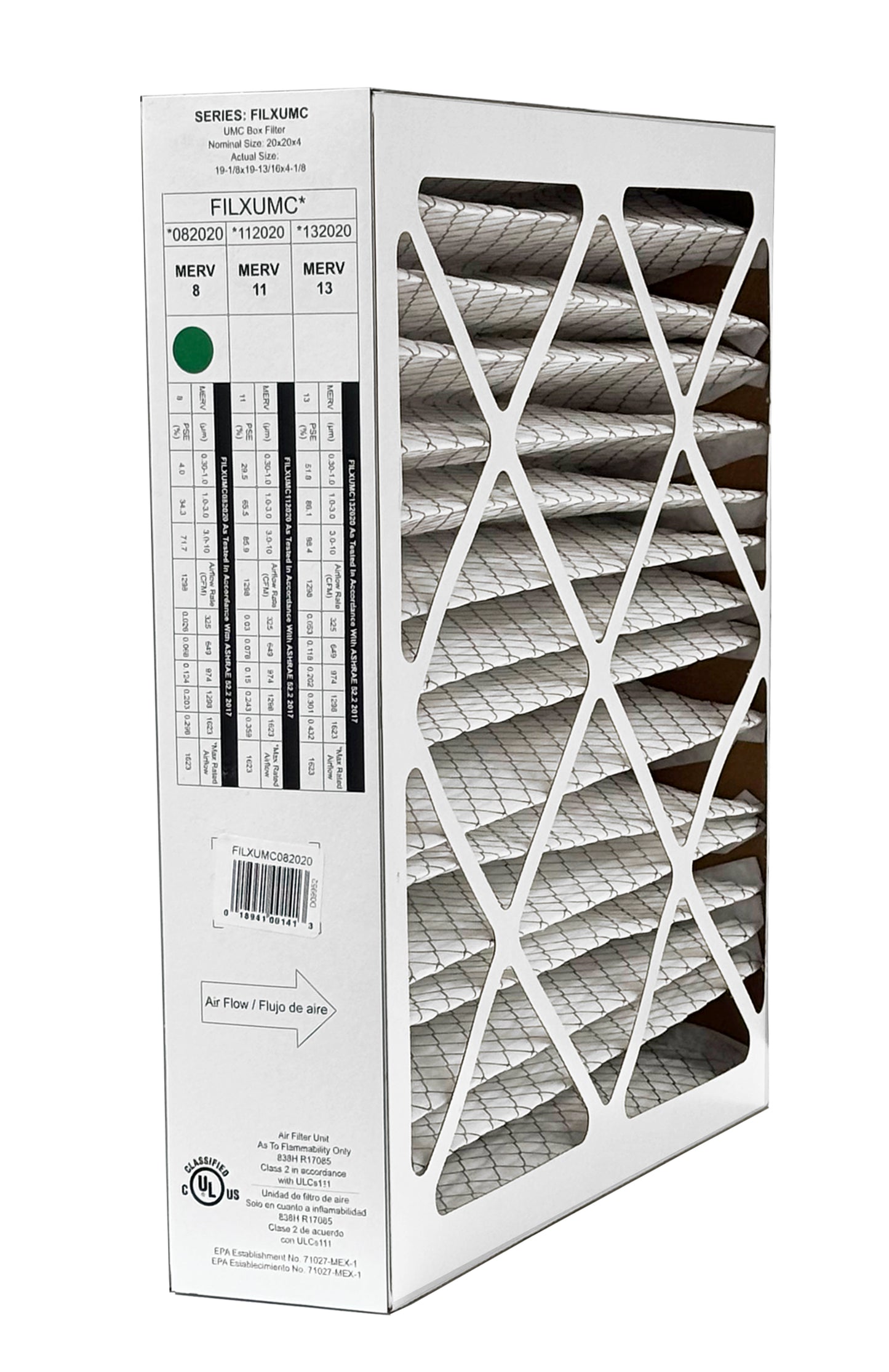 Carrier & Bryant FILXUMC082020 - 20" x 20" x 4" Pleated Air Filter, MERV 8 replaces old part # FILXXFNC0021