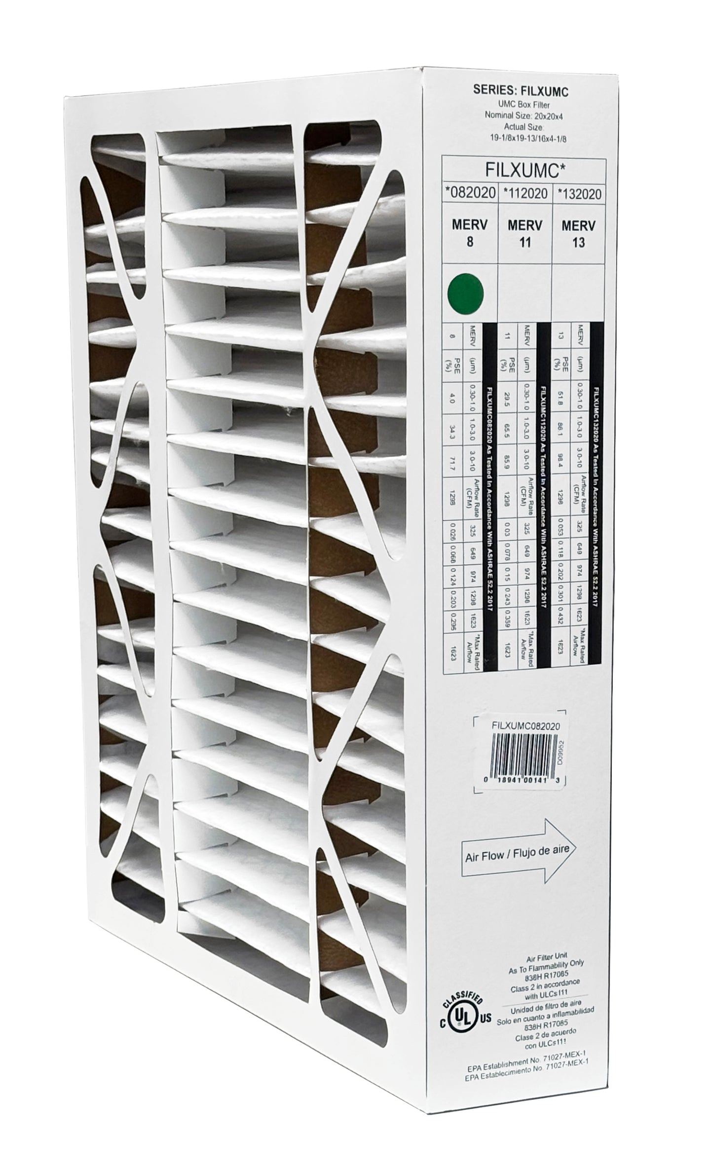 Carrier & Bryant FILXUMC082020 - 20" x 20" x 4" Pleated Air Filter, MERV 8 replaces old part # FILXXFNC0021