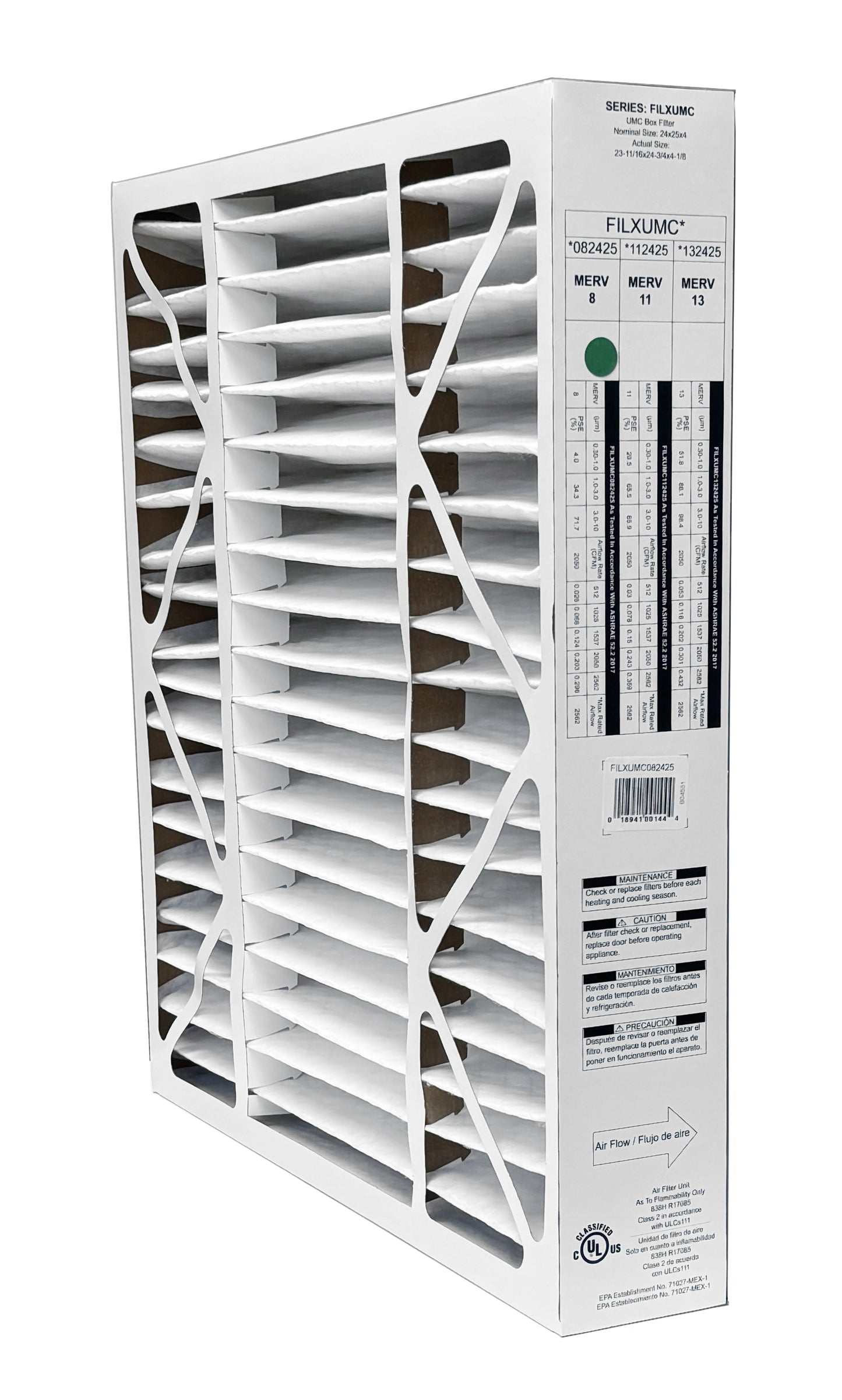 Carrier & Bryant FILXUMC082425 - 24" x 25" x 4" Pleated Air Filter, MERV 8 replaces old part # FILXXCAR0024