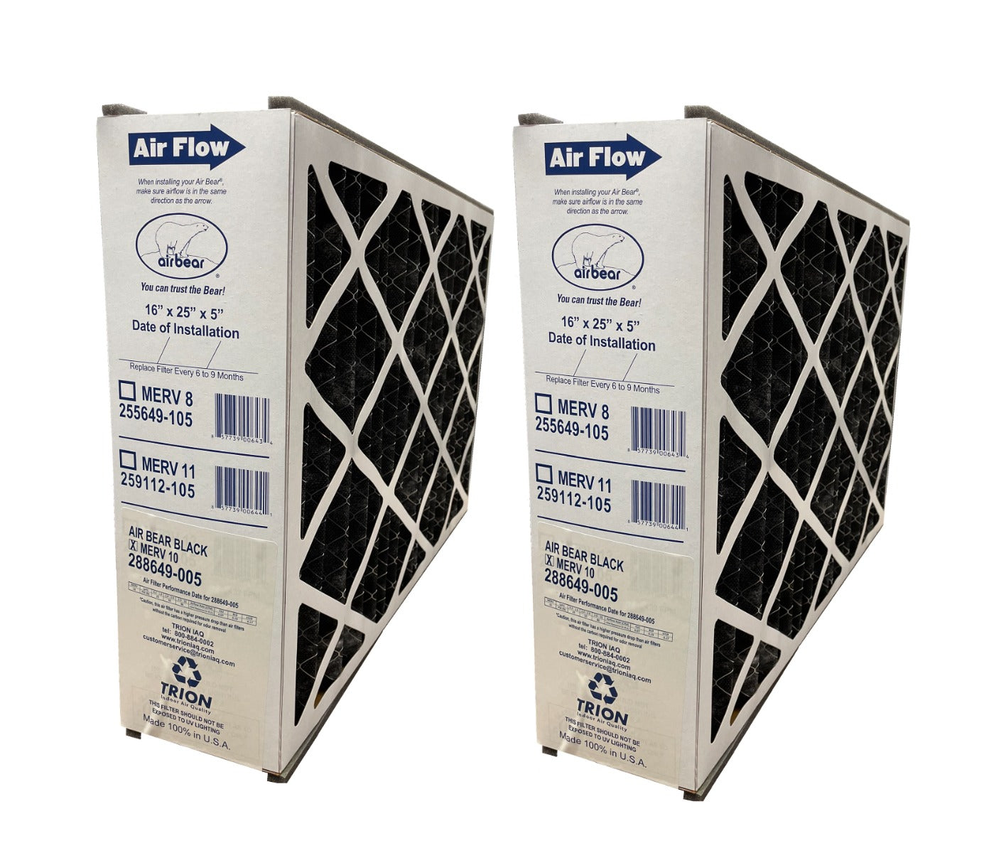 Trion Air Bear 288649-205 (2-Pack) - 16" x 25" x 5" Air Filter with Carbon, MERV 10