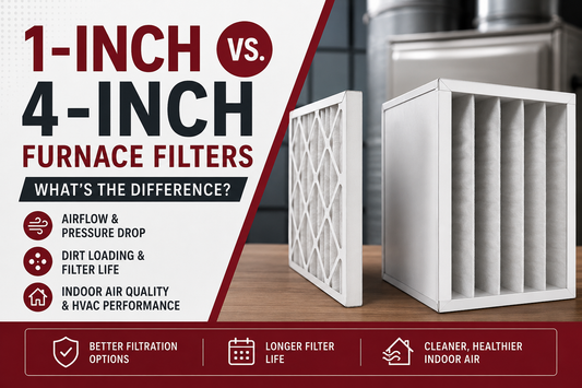 Side-by-side comparison of 1-inch and 4-inch furnace filters showing differences in airflow, filtration depth, filter life, and HVAC performance.