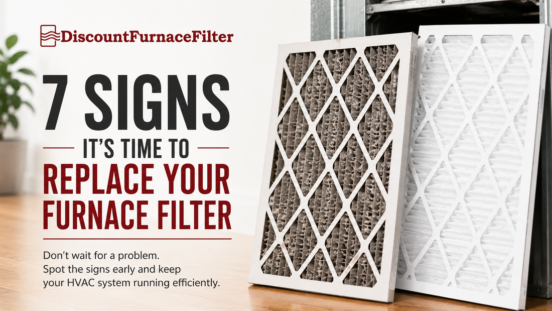 Dirty furnace filter next to a clean replacement filter showing signs it's time to replace an HVAC air filter.