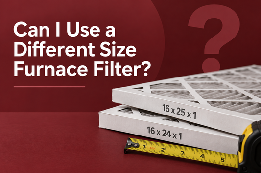 Two furnace filters labeled 16 x 25 x 1 and 16 x 24 x 1 with a tape measure, illustrating different furnace filter sizes