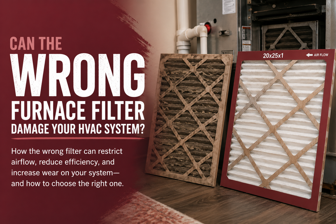 Clean and dirty furnace filters next to a residential HVAC system illustrating how the wrong furnace filter can restrict airflow and reduce system efficiency