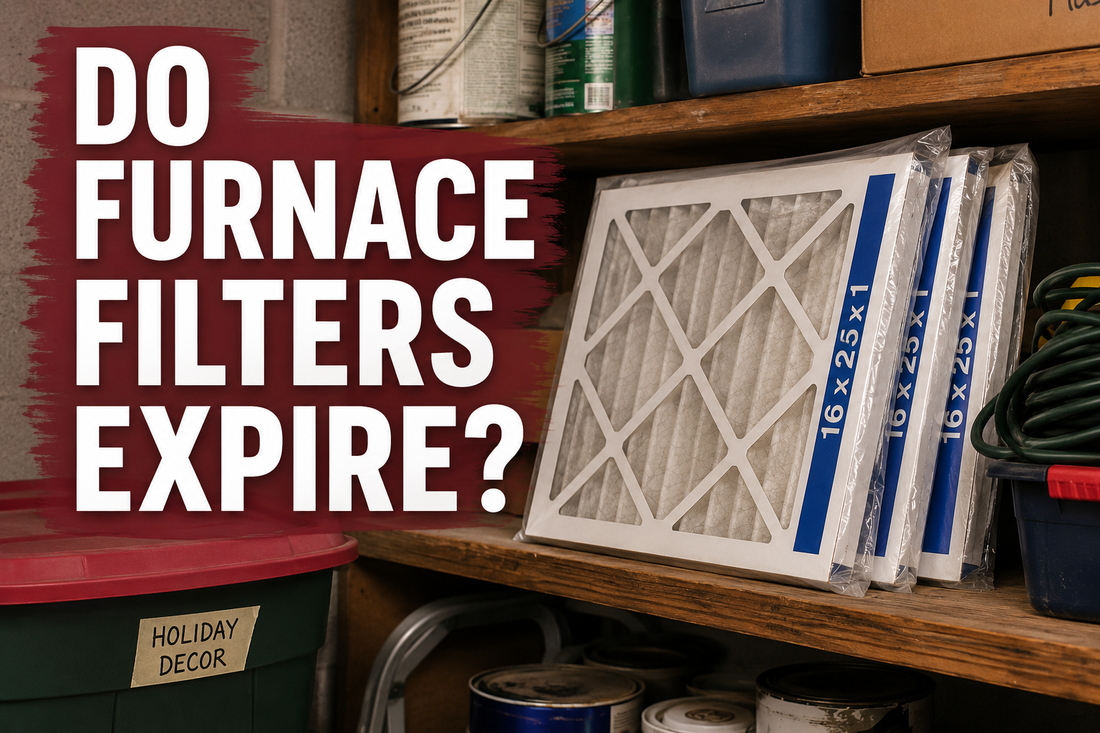 Furnace filters stored in their original packaging on a basement storage shelf, illustrating whether furnace filters expire when kept in storage.