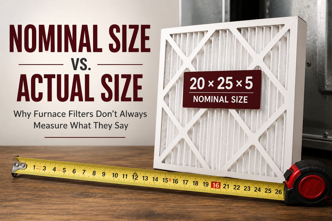 Furnace filter and tape measure illustrating how to determine the correct replacement filter size by understanding nominal versus actual dimensions.