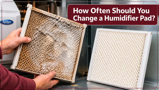 Old humidifier pad covered in mineral buildup compared with a clean replacement water panel beside an Aprilaire whole-house humidifier.