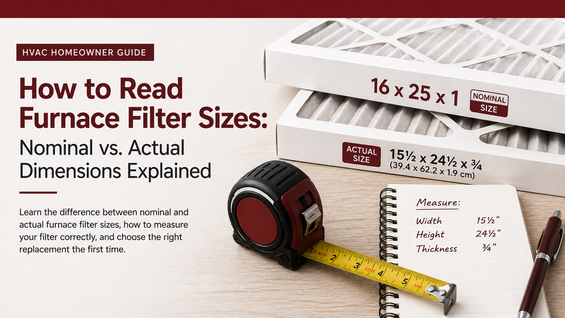 Nominal vs. actual furnace filter sizes illustrated with HVAC filters, a tape measure, and measurement guide to help homeowners choose the correct replacement filter.