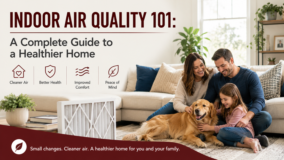 Family relaxing in a clean living room with a furnace filter in the foreground, illustrating the importance of indoor air quality and a healthy home.