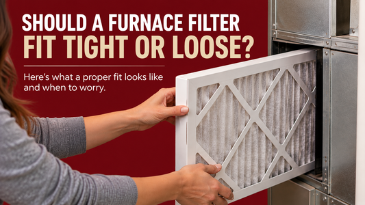 Homeowner sliding a furnace filter into an HVAC system to check for a proper snug fit