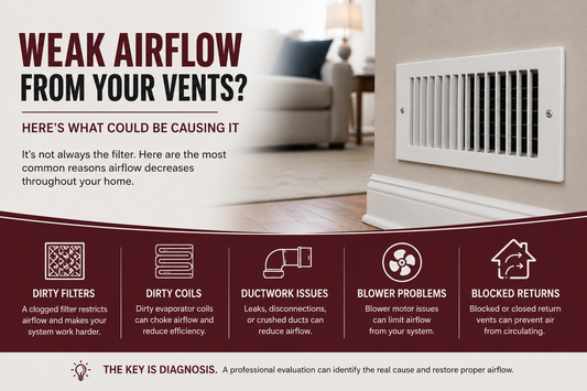 Weak airflow from HVAC vents infographic showing common causes such as dirty furnace filters, clogged evaporator coils, ductwork problems, blower motor issues, and blocked returns