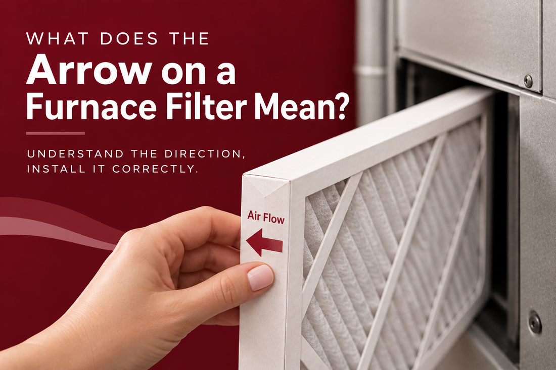 Homeowner installing a furnace filter with the airflow arrow pointing toward the HVAC system.