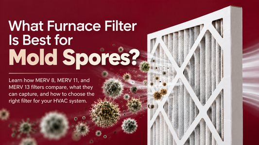White pleated furnace filter capturing airborne mold spores against a maroon background, illustrating MERV 8, MERV 11, and MERV 13 filtration options.