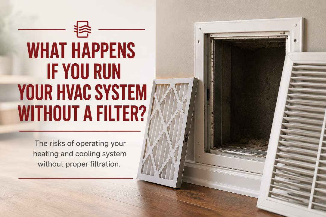 Open residential HVAC return vent with the furnace filter removed, illustrating the risks of operating a heating and cooling system without proper filtration