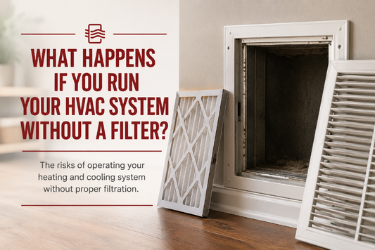 Open residential HVAC return vent with the furnace filter removed, illustrating the risks of operating a heating and cooling system without proper filtration