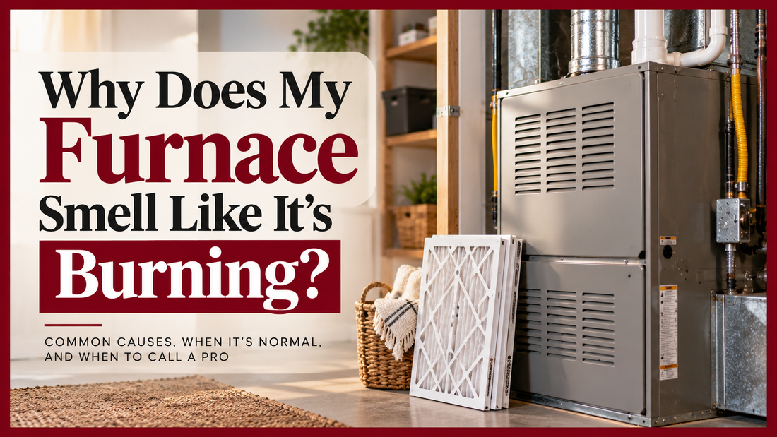 Blog graphic showing a residential gas furnace with pleated air filters beside it and the headline “Why Does My Furnace Smell Like It’s Burning?