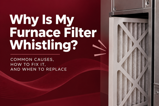 Furnace filter installed in an HVAC system with airflow graphics illustrating common causes of a whistling furnace filter.