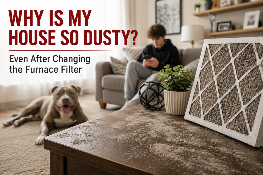 Dusty living room with a dirty furnace filter on a coffee table, a dog resting nearby, and a teenager in the background, illustrating common household dust sources even after changing a furnace filter.