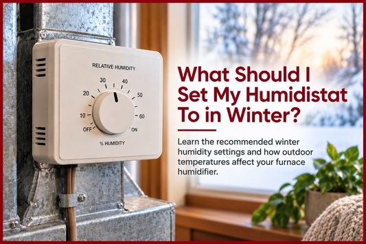 Furnace humidistat set to 35% relative humidity beside a snowy window, with winter humidity setting recommendations for homeowners.
