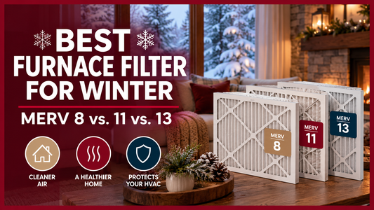 Pleated furnace filter in a cozy home during winter, illustrating MERV 8, MERV 11, and MERV 13 filtration options.