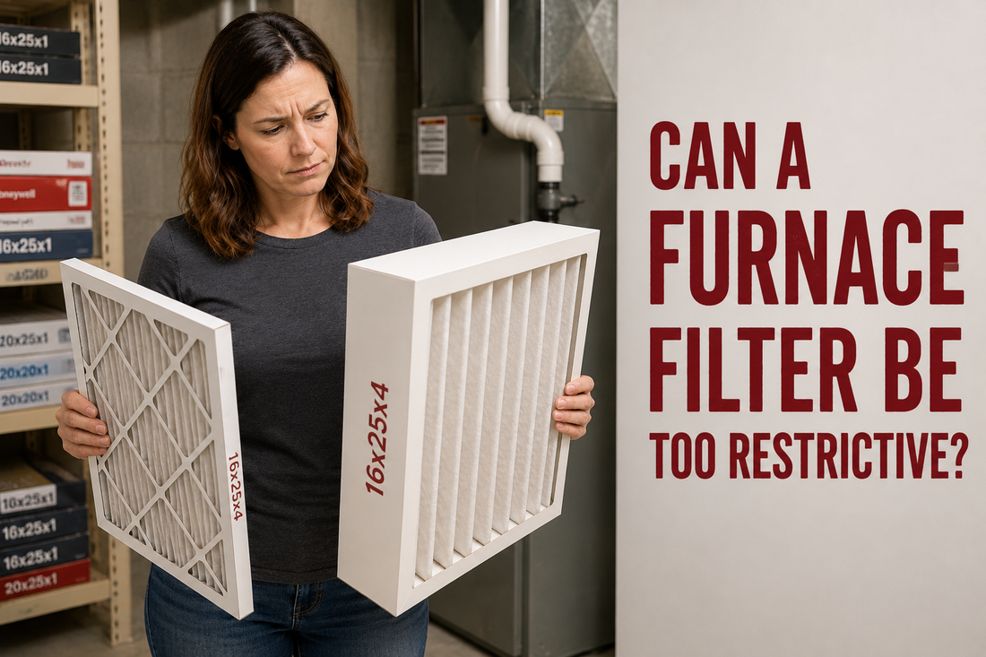 Homeowner comparing a 1-inch furnace filter and a 4-inch furnace filter in front of an HVAC system while deciding which filter provides the right balance of airflow and filtration