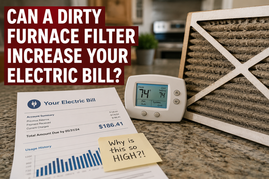 Utility bill and dirty furnace filter on a countertop illustrating how restricted airflow can affect HVAC efficiency and energy costs