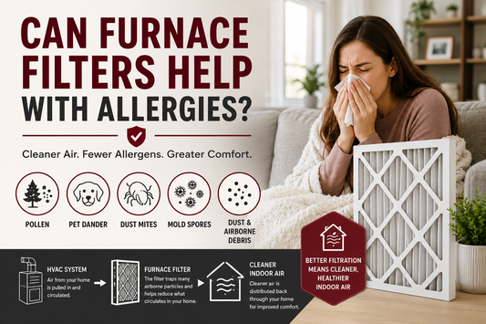 Infographic showing common indoor allergy triggers including pollen, pet dander, dust mites, mold spores, and household dust circulating through an HVAC system and furnace filter