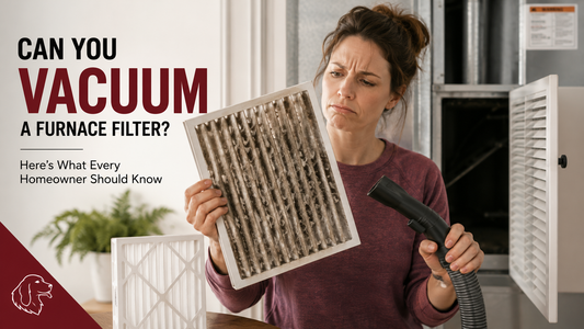 Homeowner holding a dirty disposable furnace filter and a vacuum hose while comparing it to a clean replacement filter near an HVAC system.