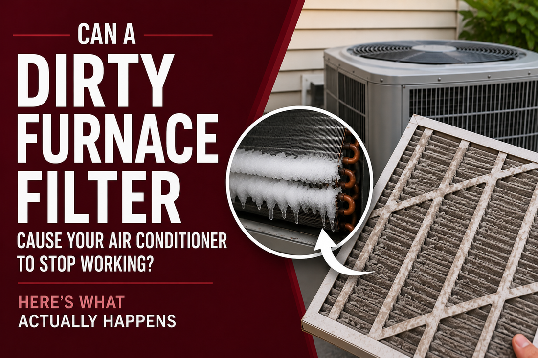 Dirty furnace filter next to a frozen evaporator coil illustrating how restricted airflow can cause an air conditioner to stop cooling.
