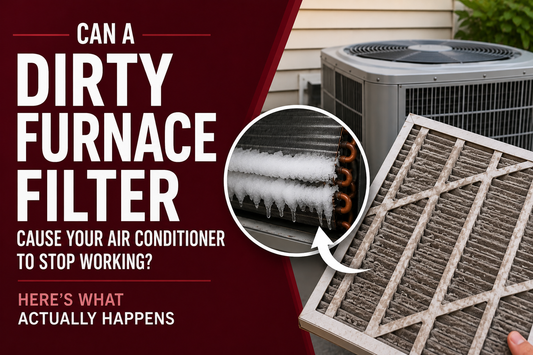 Dirty furnace filter next to a frozen evaporator coil illustrating how restricted airflow can cause an air conditioner to stop cooling.