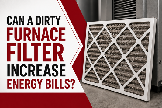 Dirty furnace filter next to HVAC equipment illustrating how clogged air filters can increase energy bills, reduce airflow, and strain heating and cooling systems.