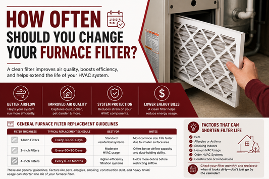 Homeowner replacing a furnace filter inside an HVAC system with deep maroon ecommerce graphic design for furnace filter replacement guide.