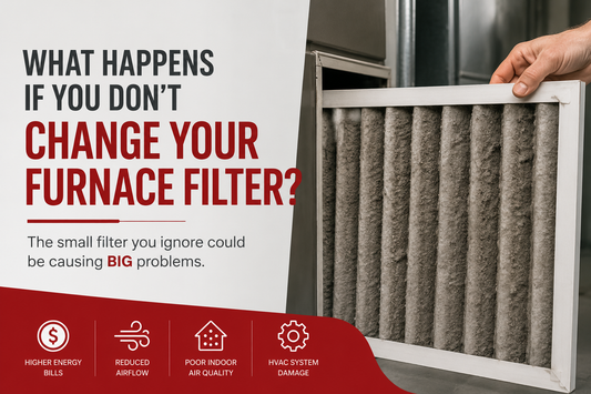 Close-up of a dirty furnace filter showing heavy dust buildup with a warning about HVAC system damage,
