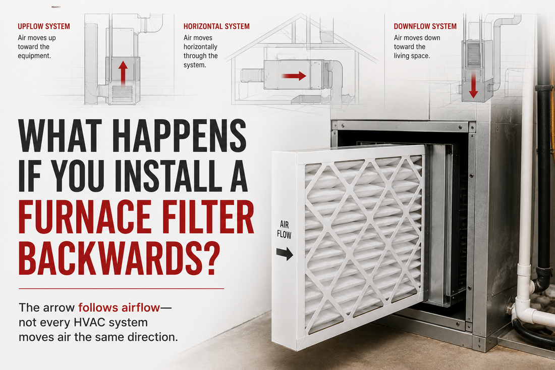 HVAC furnace filter installation showing airflow direction examples for upflow, horizontal, and downflow systems and how furnace filter arrows follow airflow.