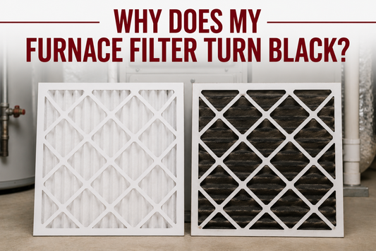Clean and black furnace filters shown side by side, demonstrating how airborne particles can darken an HVAC filter over time.