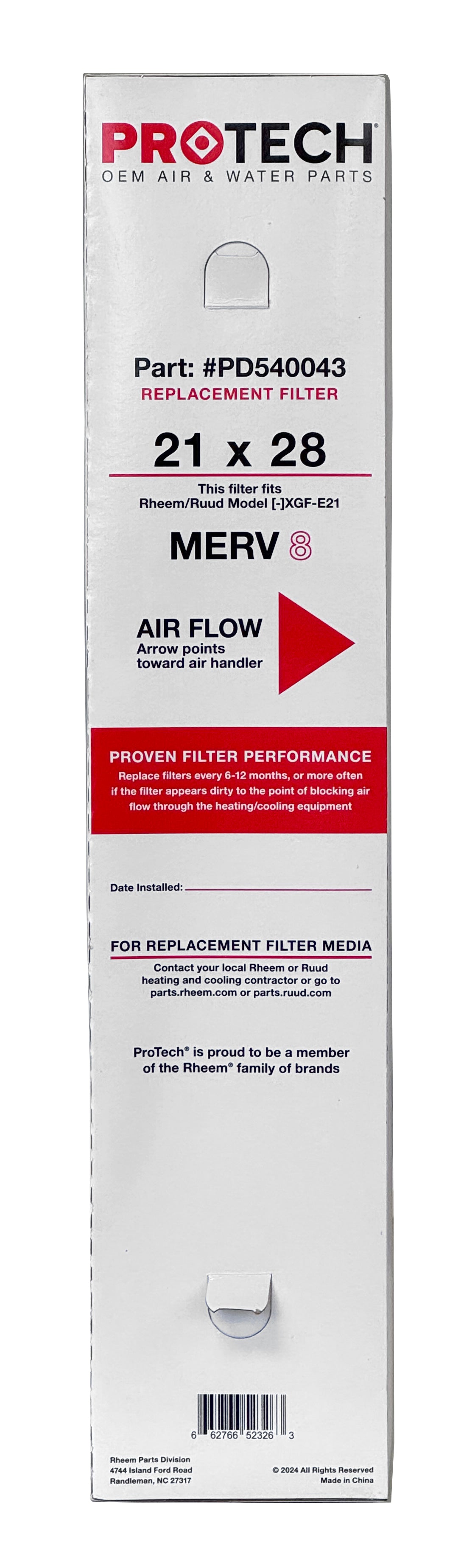 Rheem PD540043 - 21" x 28" x 5" Exact-Fit Filter for Air Cleaner AXGF-E21AM, MERV 8