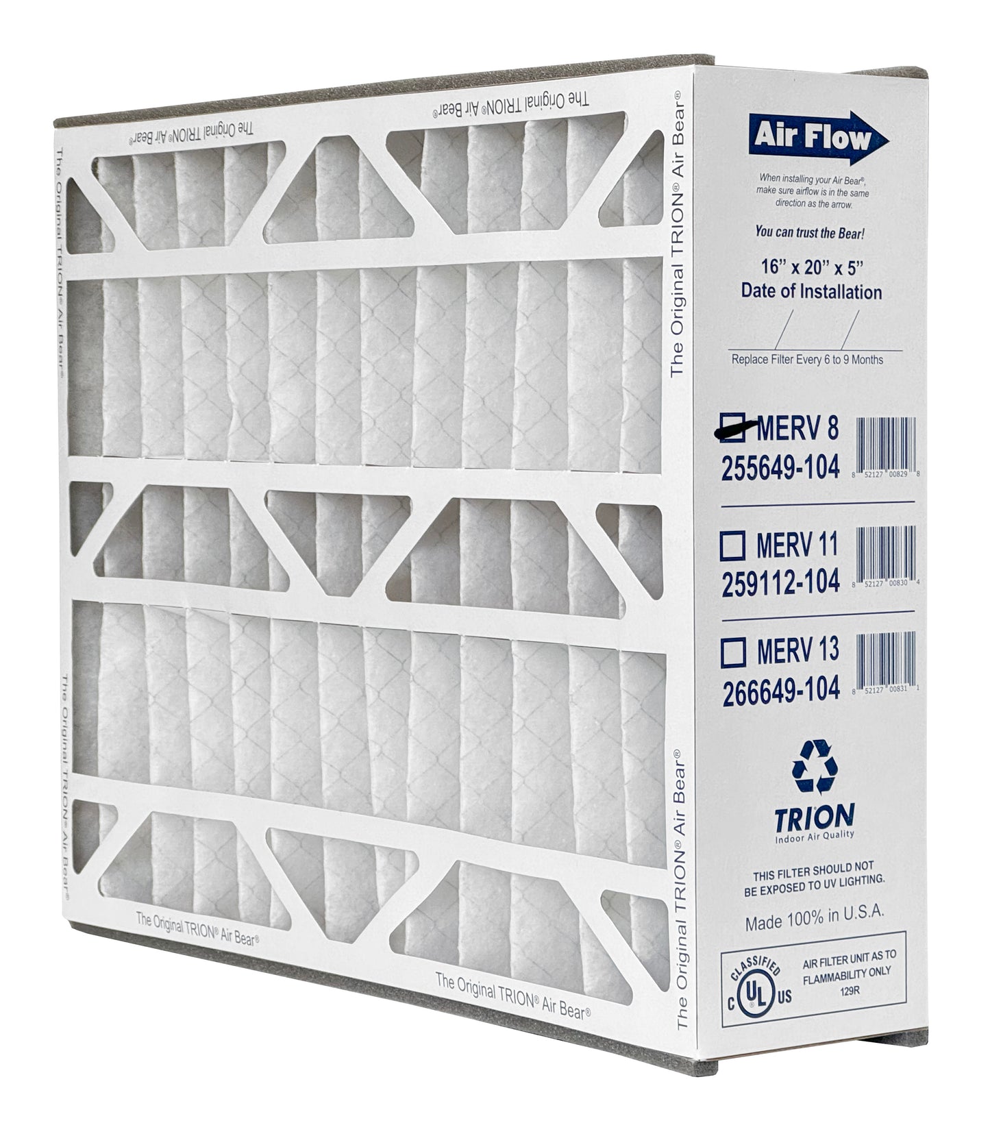 Trion Air Bear 255649-104 - 16" x 20" x 5" Pleated Air Filter, MERV 8