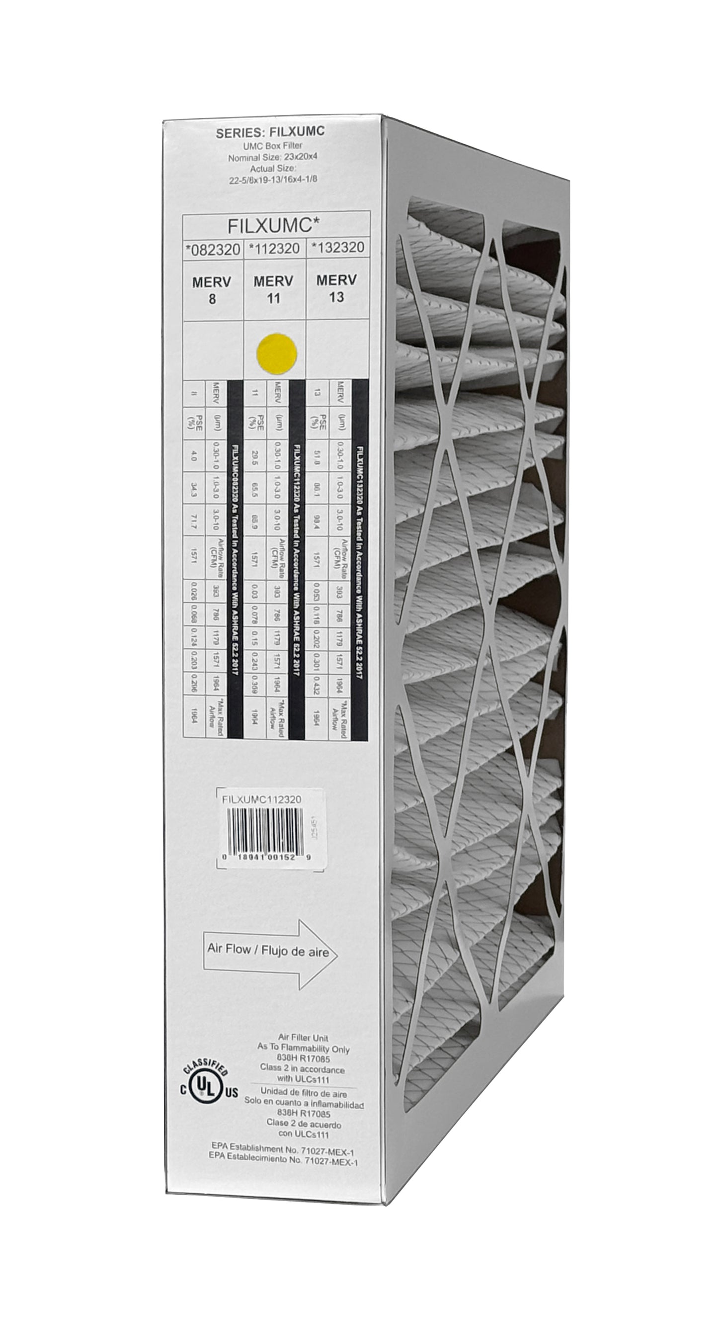 Carrier & Bryant FILXUMC112320 - 20" x 23" x 4" Pleated Air Filter, MERV 11 replaces old part # FILXXFNC0124