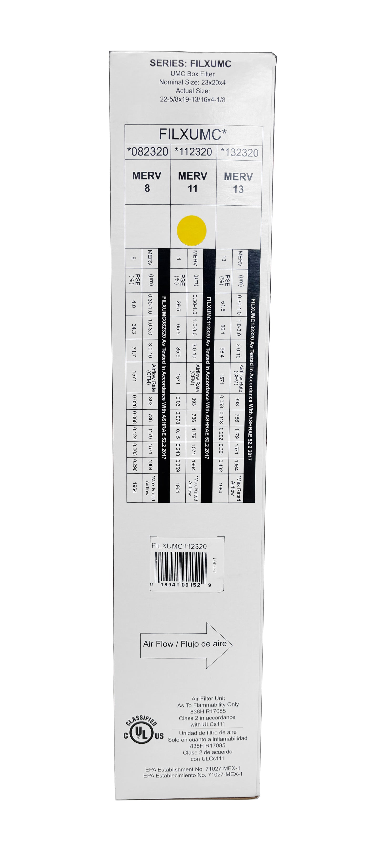 Carrier & Bryant FILXUMC112320 - 20" x 23" x 4" Pleated Air Filter, MERV 11 replaces old part # FILXXFNC0124